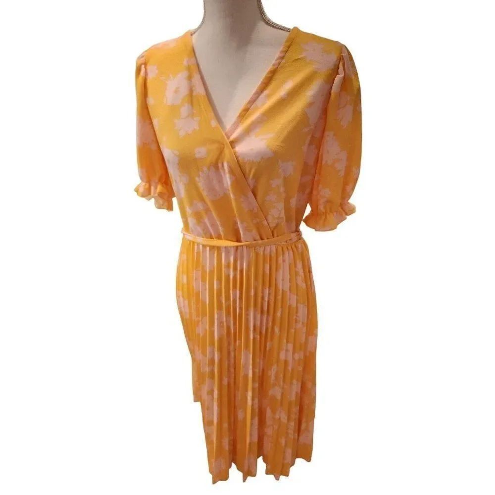Lark Grey Orange Pink Short Sleeve Accordion Pleats Dress L Casual Surplice Midi